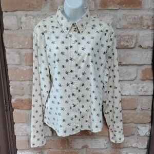 Lee Cream Button Down Shirt with Black Floral Pattern
